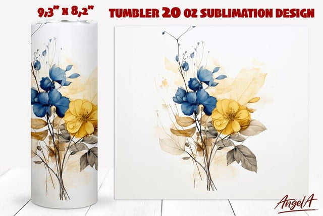 Retro Floral tumbler wrap / blue and yellow flowers tumbler Sublimation Angelina Semenova 