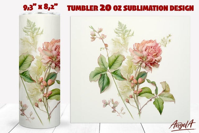 Retro Floral tumbler wrap / realistic pink flowers Sublimation Angelina Semenova 
