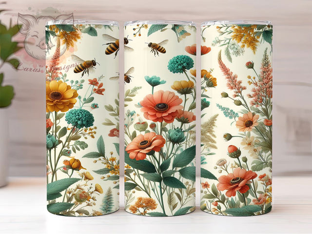 Retro Flowers & Bees 20oz Tumbler, Midcentury Modern, Nature Theme, Retro Style, 20oz Wrap, Sublimation Design, PNG File Sublimation Lara' s Designs 