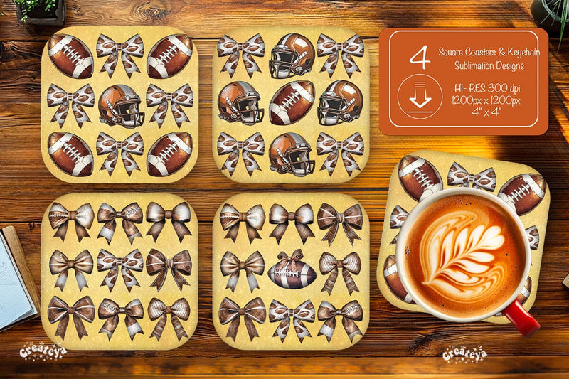 Retro Football Square coaster png Football Bow Square coaster sublimation designs Sublimation Createya Design 