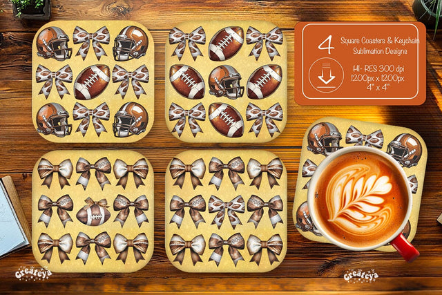 Retro Football Square coaster png Football Bow Square coaster sublimation designs Sublimation Createya Design 