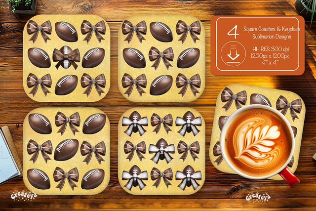 Retro Football Square coaster png Football Bow Square coaster sublimation designs Sublimation Createya Design 