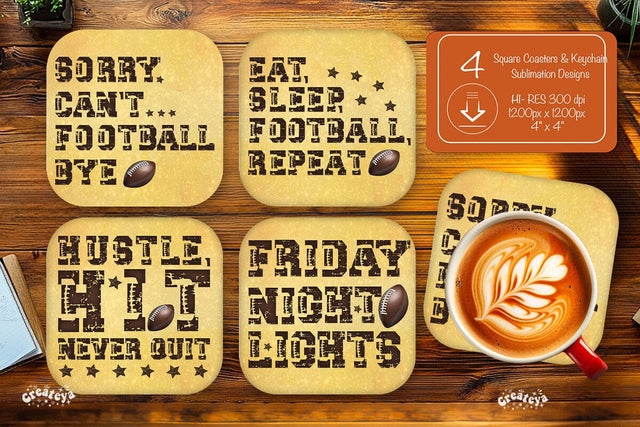 Retro Football Square coaster png Football Quote Square coaster sublimation designs Sublimation Createya Design 