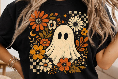 Retro Ghost and Flowers PNG, Vintage Halloween Floral Checkerboard Spooky Fall Png SVG DesignDestine 