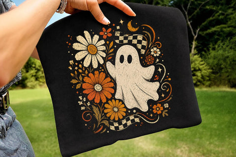 Retro Ghost and Flowers PNG, Vintage Halloween Floral Checkerboard Spooky Fall Png SVG DesignDestine 