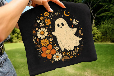 Retro Ghost and Flowers PNG, Vintage Halloween Floral Checkerboard Spooky Fall Png SVG DesignDestine 