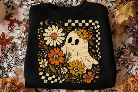 Retro Ghost and Flowers PNG, Vintage Halloween Floral Checkerboard Spooky Fall Png SVG DesignDestine 