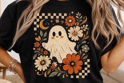 Retro Ghost and Flowers PNG, Vintage Halloween Floral Checkerboard Spooky Fall Png SVG DesignDestine 