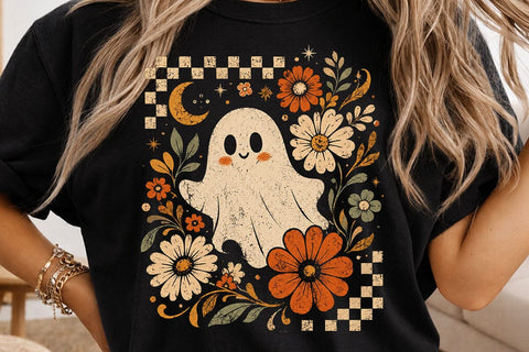 Retro Ghost and Flowers PNG, Vintage Halloween Floral Checkerboard Spooky Fall Png SVG DesignDestine 