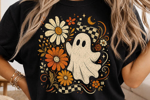 Retro Ghost and Flowers PNG, Vintage Halloween Floral Checkerboard Spooky Fall Png SVG DesignDestine 