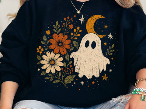 Retro Ghost and Flowers PNG, Vintage Halloween Floral Checkerboard Spooky Fall Png SVG DesignDestine 