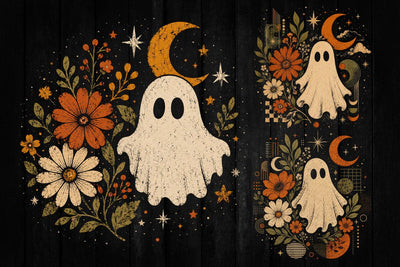 Retro Ghost and Flowers PNG, Vintage Halloween Floral Checkerboard Spooky Fall Png SVG DesignDestine 
