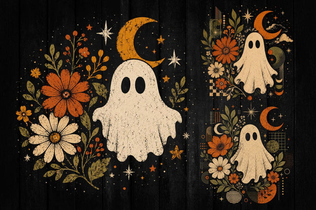 Retro Ghost and Flowers PNG, Vintage Halloween Floral Checkerboard Spooky Fall Png SVG DesignDestine 