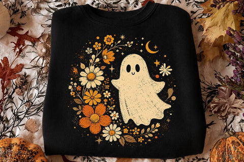 Retro Ghost and Flowers PNG, Vintage Halloween Floral Checkerboard Spooky Fall Png SVG DesignDestine 