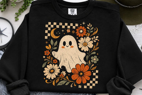 Retro Ghost and Flowers PNG, Vintage Halloween Floral Checkerboard Spooky Fall Png SVG DesignDestine 