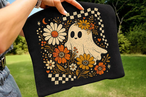 Retro Ghost and Flowers PNG, Vintage Halloween Floral Checkerboard Spooky Fall Png SVG DesignDestine 