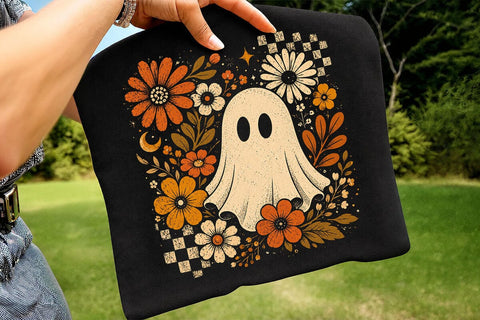 Retro Ghost and Flowers PNG, Vintage Halloween Floral Checkerboard Spooky Fall Png SVG DesignDestine 