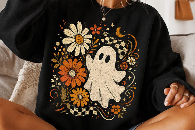 Retro Ghost and Flowers PNG, Vintage Halloween Floral Checkerboard Spooky Fall Png SVG DesignDestine 