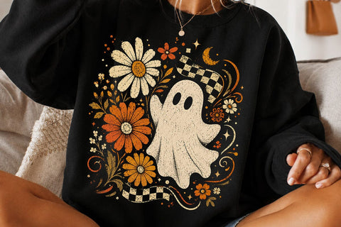 Retro Ghost and Flowers PNG, Vintage Halloween Floral Checkerboard Spooky Fall Png SVG DesignDestine 