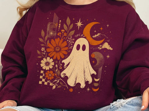 Retro Ghost and Flowers PNG, Vintage Halloween Floral Checkerboard Spooky Fall Png SVG DesignDestine 