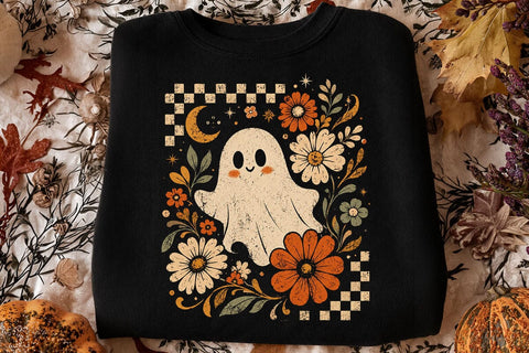 Retro Ghost and Flowers PNG, Vintage Halloween Floral Checkerboard Spooky Fall Png SVG DesignDestine 