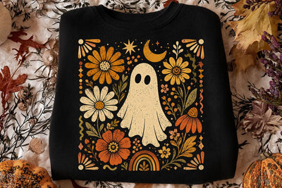 Retro Ghost and Flowers PNG, Vintage Halloween Floral Checkerboard Spooky Fall Png SVG DesignDestine 