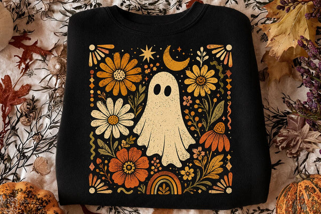 Retro Ghost and Flowers PNG, Vintage Halloween Floral Checkerboard Spooky Fall Png SVG DesignDestine 