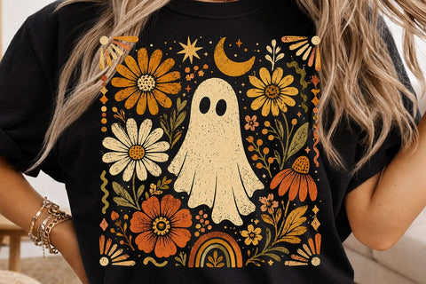 Retro Ghost and Flowers PNG, Vintage Halloween Floral Checkerboard Spooky Fall Png SVG DesignDestine 
