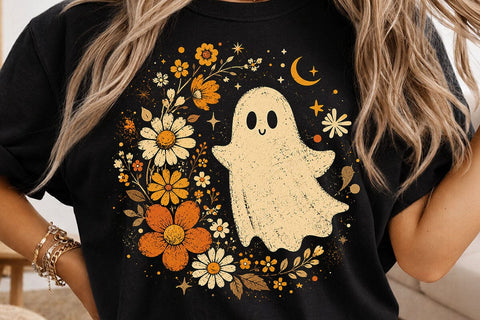 Retro Ghost and Flowers PNG, Vintage Halloween Floral Checkerboard Spooky Fall Png SVG DesignDestine 