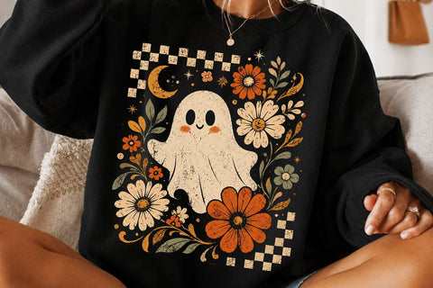 Retro Ghost and Flowers PNG, Vintage Halloween Floral Checkerboard Spooky Fall Png SVG DesignDestine 