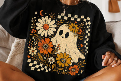 Retro Ghost and Flowers PNG, Vintage Halloween Floral Checkerboard Spooky Fall Png SVG DesignDestine 