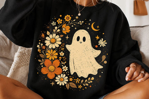 Retro Ghost and Flowers PNG, Vintage Halloween Floral Checkerboard Spooky Fall Png SVG DesignDestine 