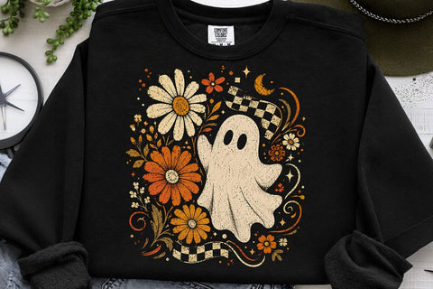 Retro Ghost and Flowers PNG, Vintage Halloween Floral Checkerboard Spooky Fall Png SVG DesignDestine 
