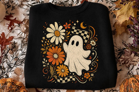 Retro Ghost and Flowers PNG, Vintage Halloween Floral Checkerboard Spooky Fall Png SVG DesignDestine 