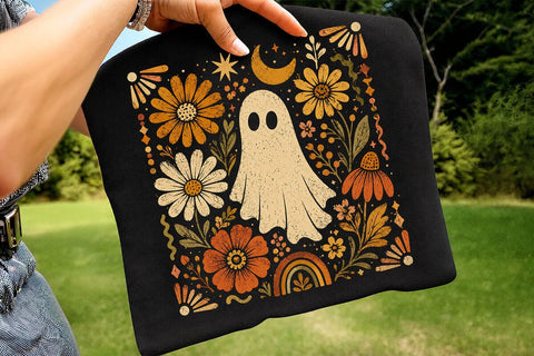 Retro Ghost and Flowers PNG, Vintage Halloween Floral Checkerboard Spooky Fall Png SVG DesignDestine 
