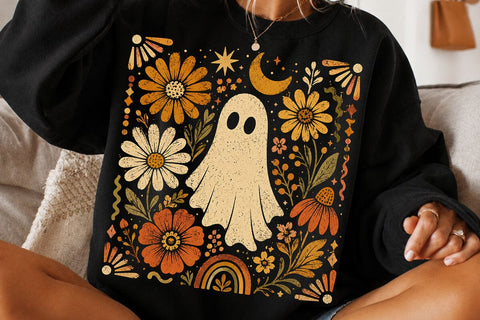Retro Ghost and Flowers PNG, Vintage Halloween Floral Checkerboard Spooky Fall Png SVG DesignDestine 