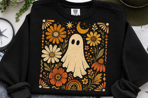 Retro Ghost and Flowers PNG, Vintage Halloween Floral Checkerboard Spooky Fall Png SVG DesignDestine 