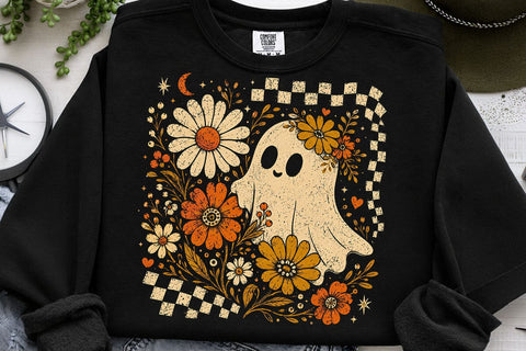 Retro Ghost and Flowers PNG, Vintage Halloween Floral Checkerboard Spooky Fall Png SVG DesignDestine 