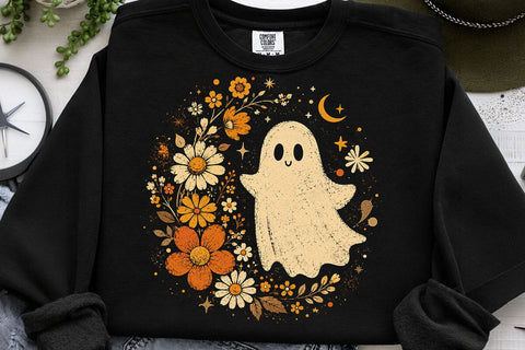 Retro Ghost and Flowers PNG, Vintage Halloween Floral Checkerboard Spooky Fall Png SVG DesignDestine 