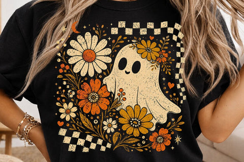 Retro Ghost and Flowers PNG, Vintage Halloween Floral Checkerboard Spooky Fall Png SVG DesignDestine 
