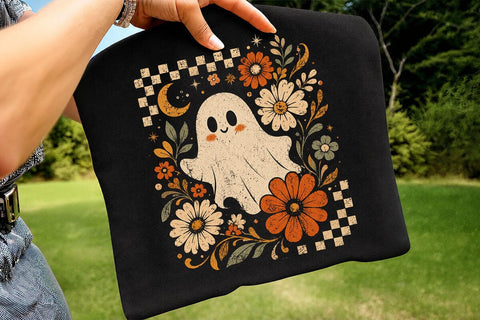 Retro Ghost and Flowers PNG, Vintage Halloween Floral Checkerboard Spooky Fall Png SVG DesignDestine 