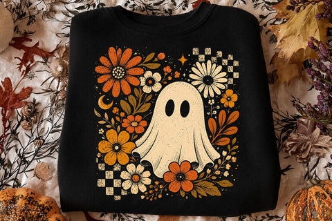 Retro Ghost and Flowers PNG, Vintage Halloween Floral Checkerboard Spooky Fall Png SVG DesignDestine 