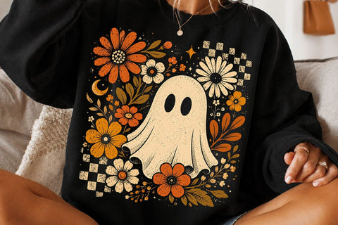 Retro Ghost and Flowers PNG, Vintage Halloween Floral Checkerboard Spooky Fall Png SVG DesignDestine 