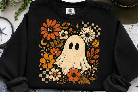 Retro Ghost and Flowers PNG, Vintage Halloween Floral Checkerboard Spooky Fall Png SVG DesignDestine 