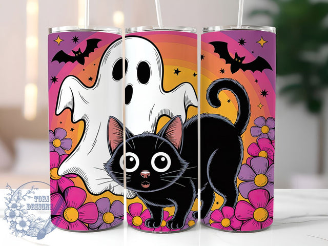 Retro Ghost Cat Halloween Tumbler, Ghost Cat Tumbler, 20Oz Tumbler Wrap, Sublimation Tumbler Design, Vintage Halloween Cup, Spooky Cat Drinkware, Halloween Coffee Tumbler Sublimation ToriDesigns 