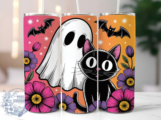Retro Ghost Cat Halloween Tumbler, Ghost Cat Tumbler, 20Oz Tumbler Wrap, Sublimation Tumbler Design, Vintage Halloween Cup, Spooky Cat Drinkware, Halloween Coffee Tumbler Sublimation ToriDesigns 