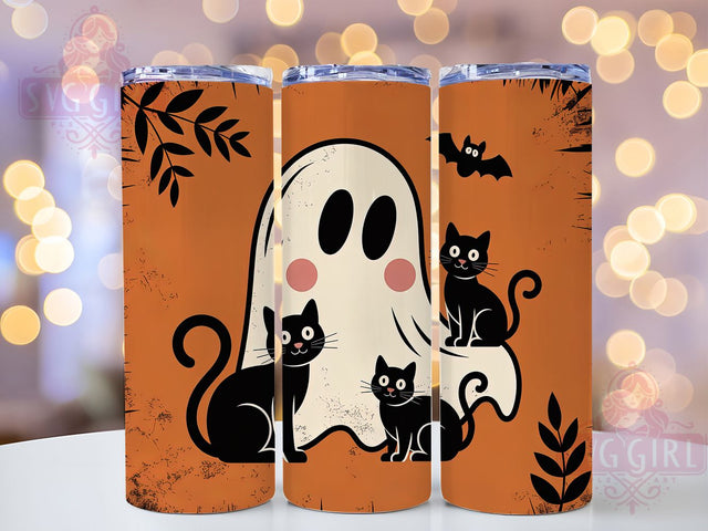 Retro Ghost & Cat Vintage Halloween Tumbler, Ghost And Cat Wrap, Vintage Spooky Cup, Halloween 20oz Drinkware, Cute Retro Ghost Design, Classic Halloween Sublimation, Nostalgic Spooky Art Sublimation SvggirlplusArt 