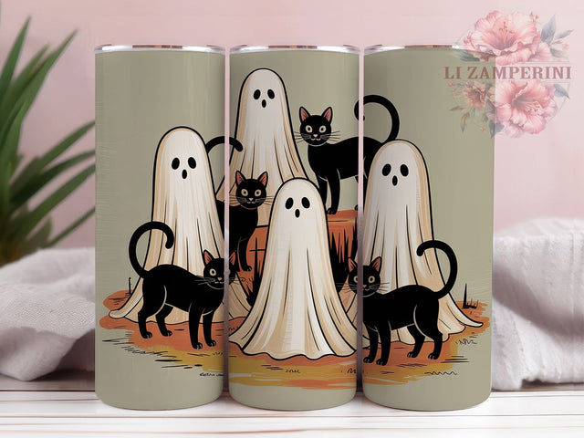 Retro Ghost & Cat Vintage Halloween Tumbler, Halloween Cat Cup, Vintage Spooky Wrap, 20Oz Sublimation Design, Ghost And Cat Mug, Autumn Halloween Drinkware, Retro Fall Tumbler Sublimation Li Zamperini 