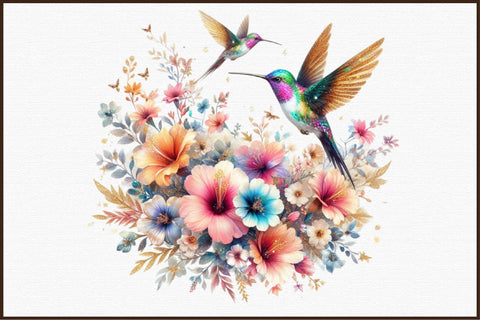 Retro Gilter Flower Hummingbird Clipart Sublimation designartist 