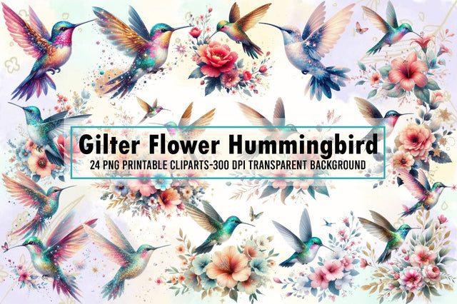 Retro Gilter Flower Hummingbird Clipart Sublimation designartist 